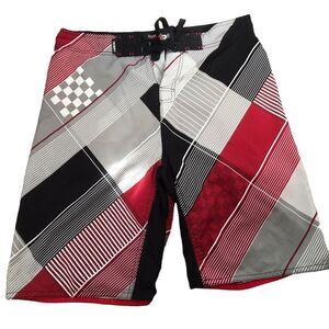 Carbon Mens Board Shorts Size 34 Red Grey Black Swim Trunks Summer Beach Vacay